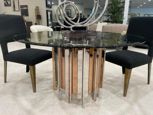 Glass Top Dining Table With Metal Base In Combination Finishes
